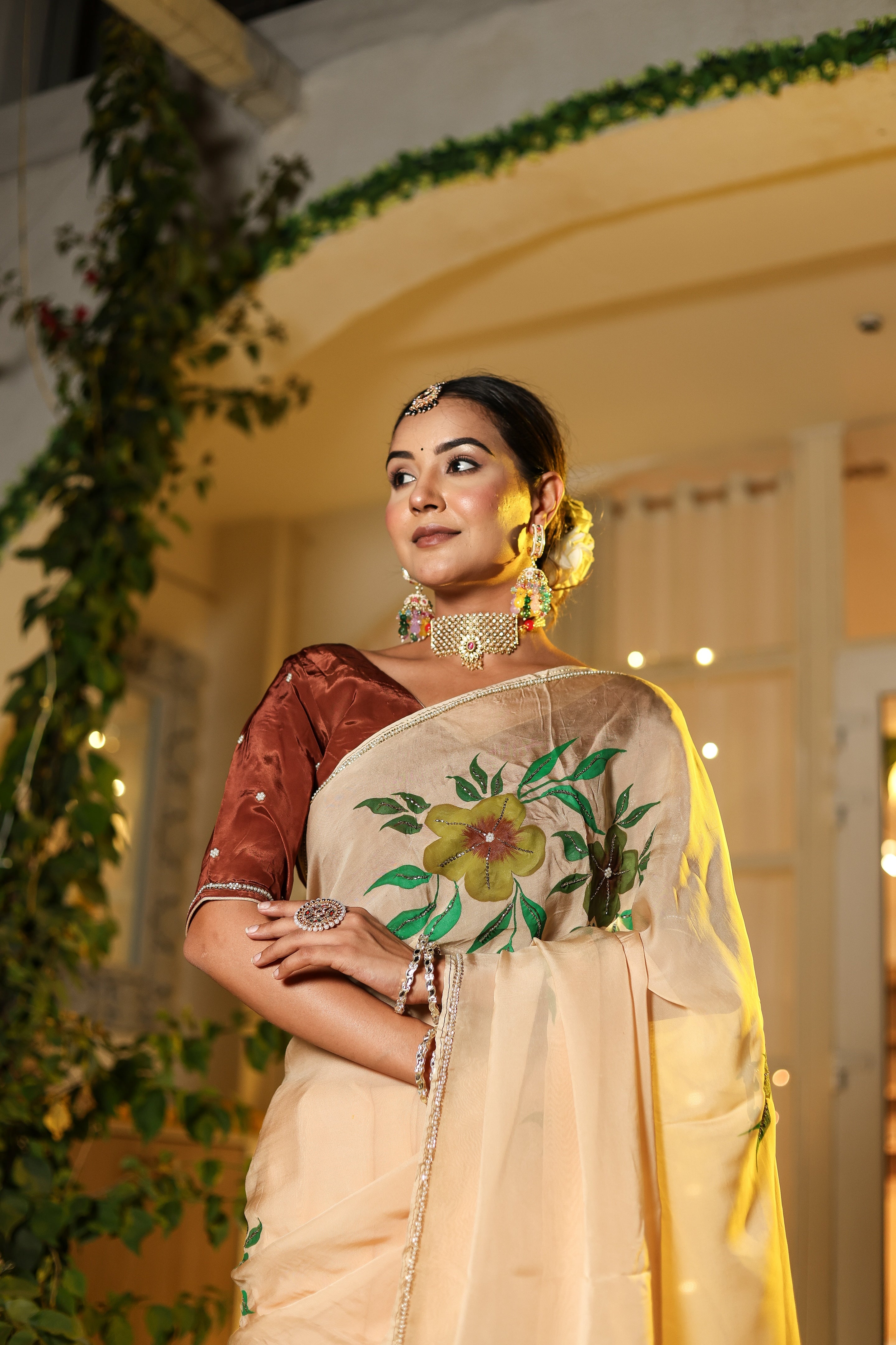 Handpainted and Hand Embroidered Organza Saree - Light Brown