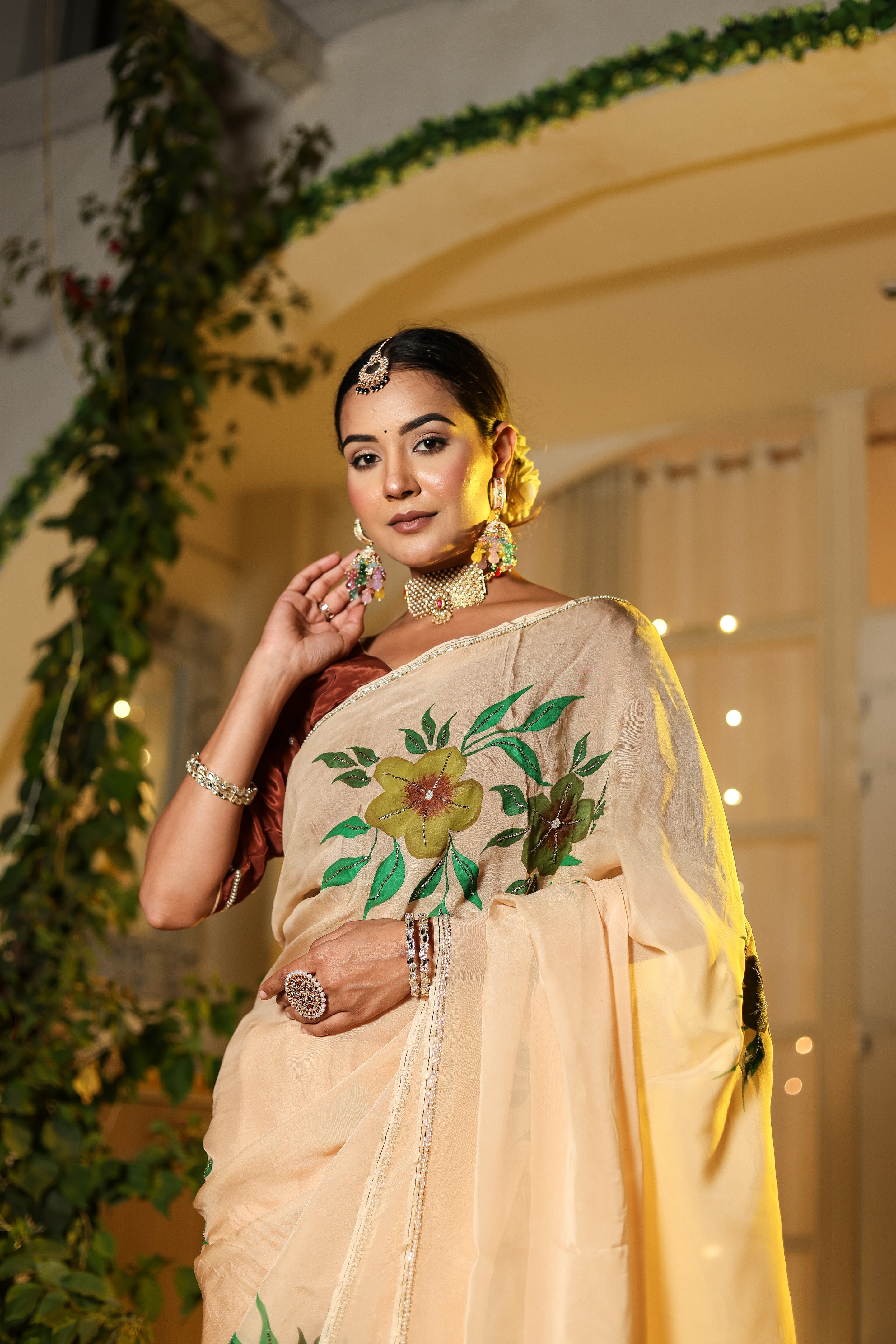 Handpainted and Hand Embroidered Organza Saree - Light Brown