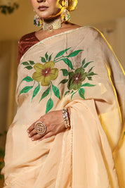 Handpainted and Hand Embroidered Organza Saree - Light Brown