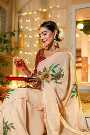 Handpainted and Hand Embroidered Organza Saree - Light Brown