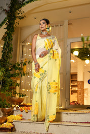 Handpainted and Hand Embroidered Organza Saree - Yellow Ombre