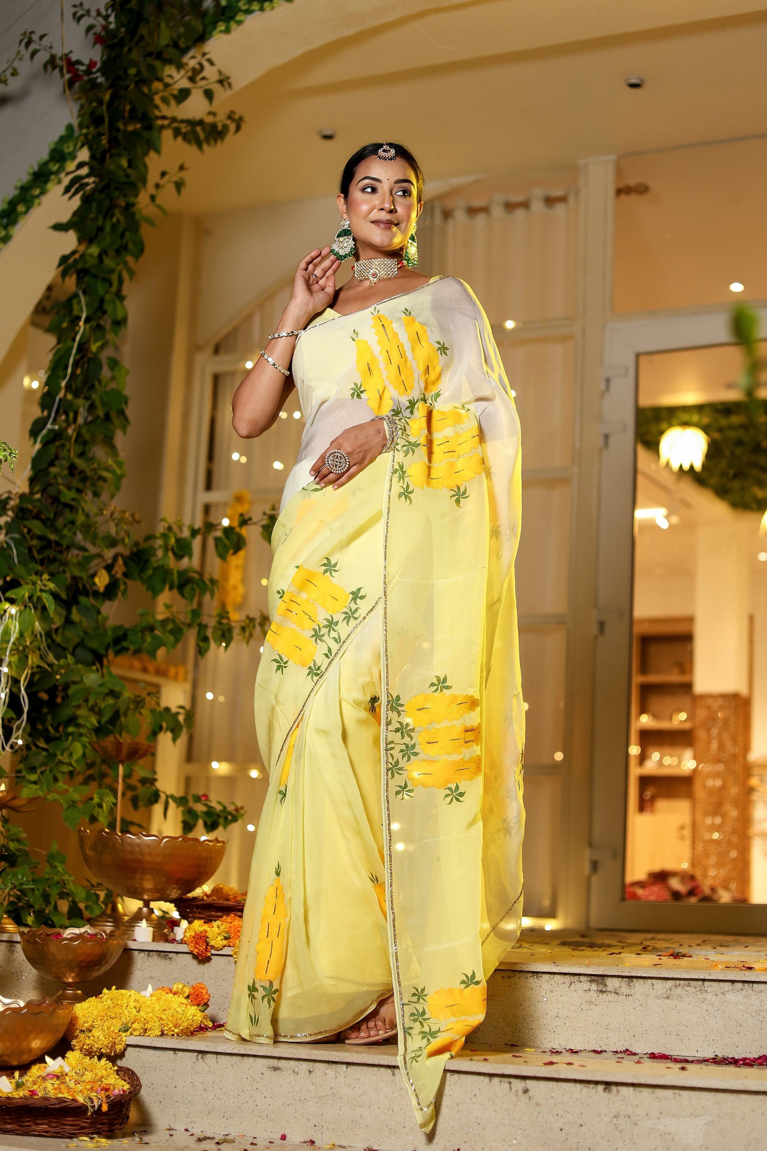 Handpainted and Hand Embroidered Organza Saree - Yellow Ombre