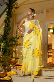 Handpainted and Hand Embroidered Organza Saree - Yellow Ombre