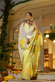 Handpainted and Hand Embroidered Organza Saree - Yellow Ombre