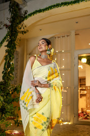 Handpainted and Hand Embroidered Organza Saree - Yellow Ombre