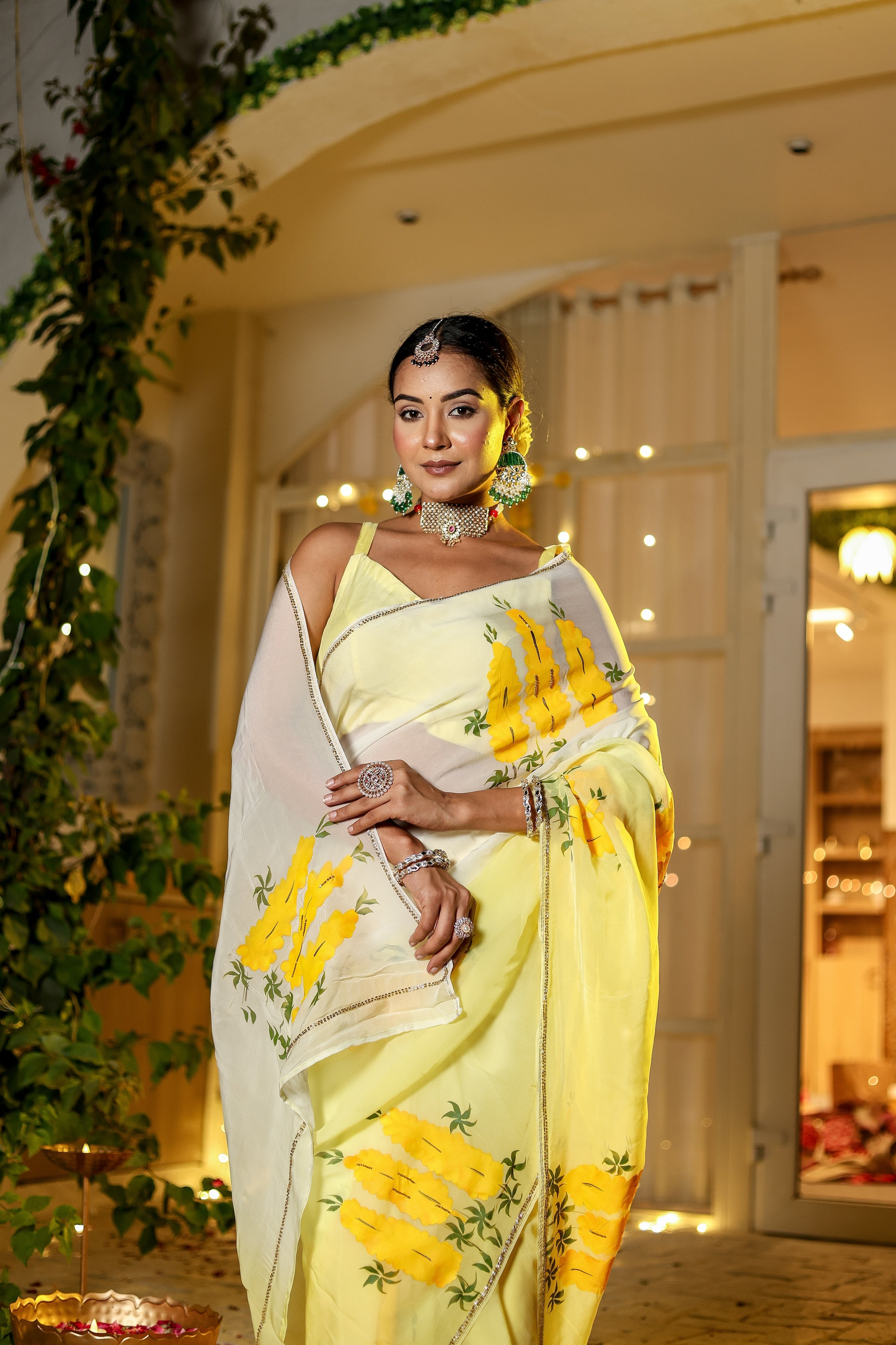 Handpainted and Hand Embroidered Organza Saree - Yellow Ombre