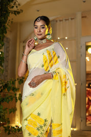 Handpainted and Hand Embroidered Organza Saree - Yellow Ombre