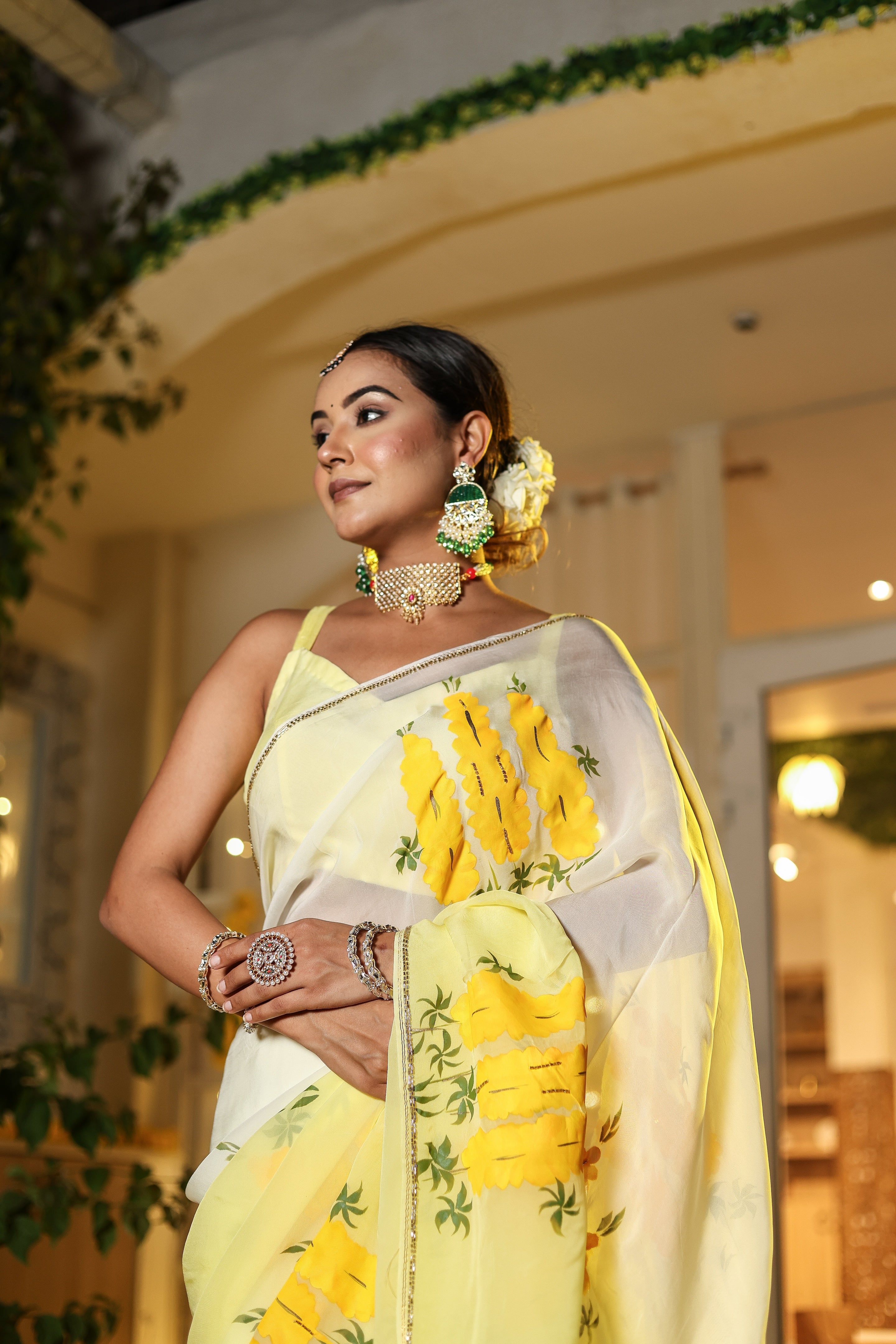 Handpainted and Hand Embroidered Organza Saree - Yellow Ombre