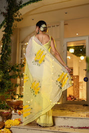 Handpainted and Hand Embroidered Organza Saree - Yellow Ombre