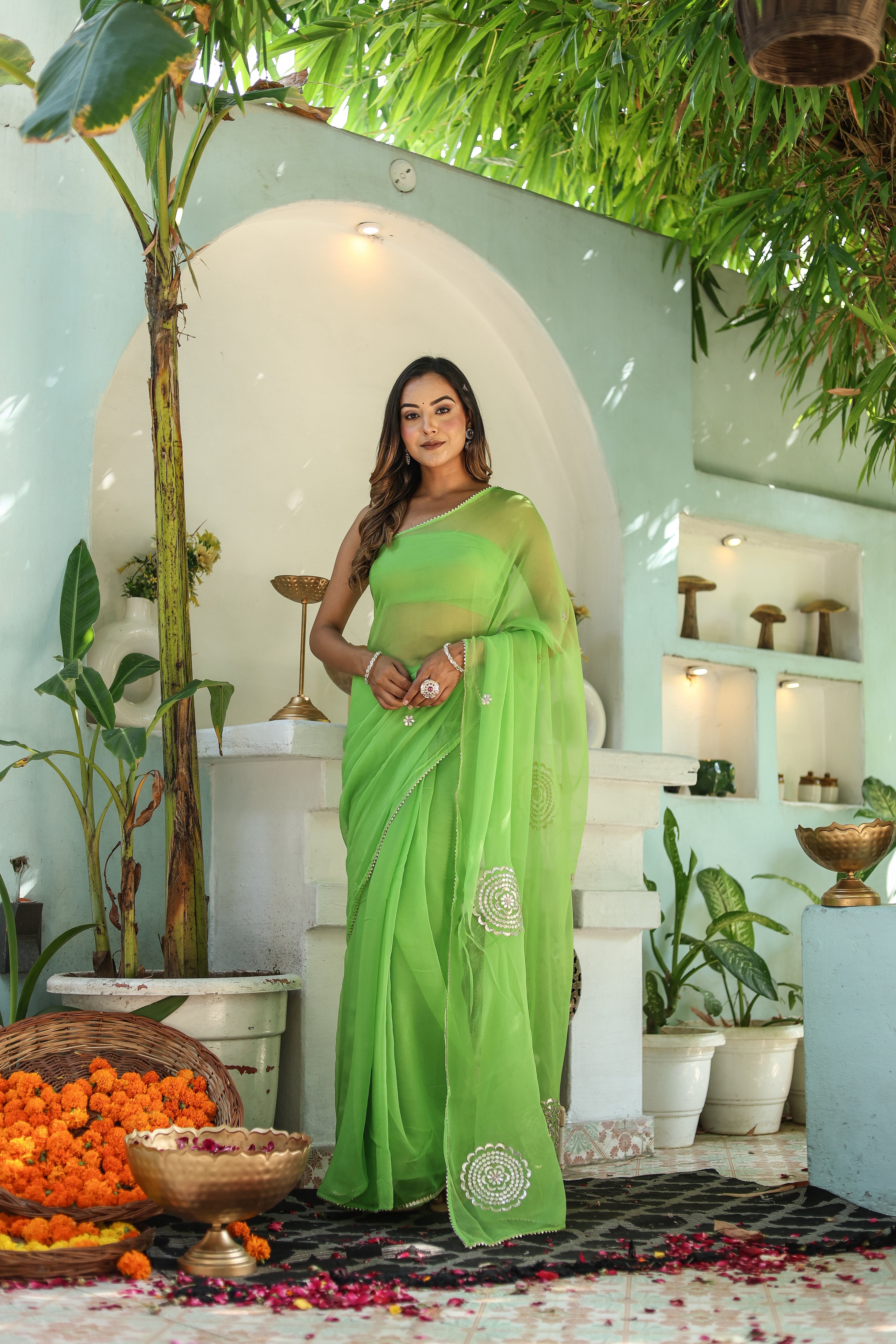 Amber Green (Hand Embroidered Chiffon Green Saree)