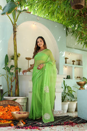 Amber Green (Hand Embroidered Chiffon Green Saree)