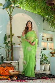 Amber Green (Hand Embroidered Chiffon Green Saree)