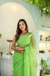 Amber Green (Hand Embroidered Chiffon Green Saree)