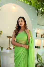 Amber Green (Hand Embroidered Chiffon Green Saree)