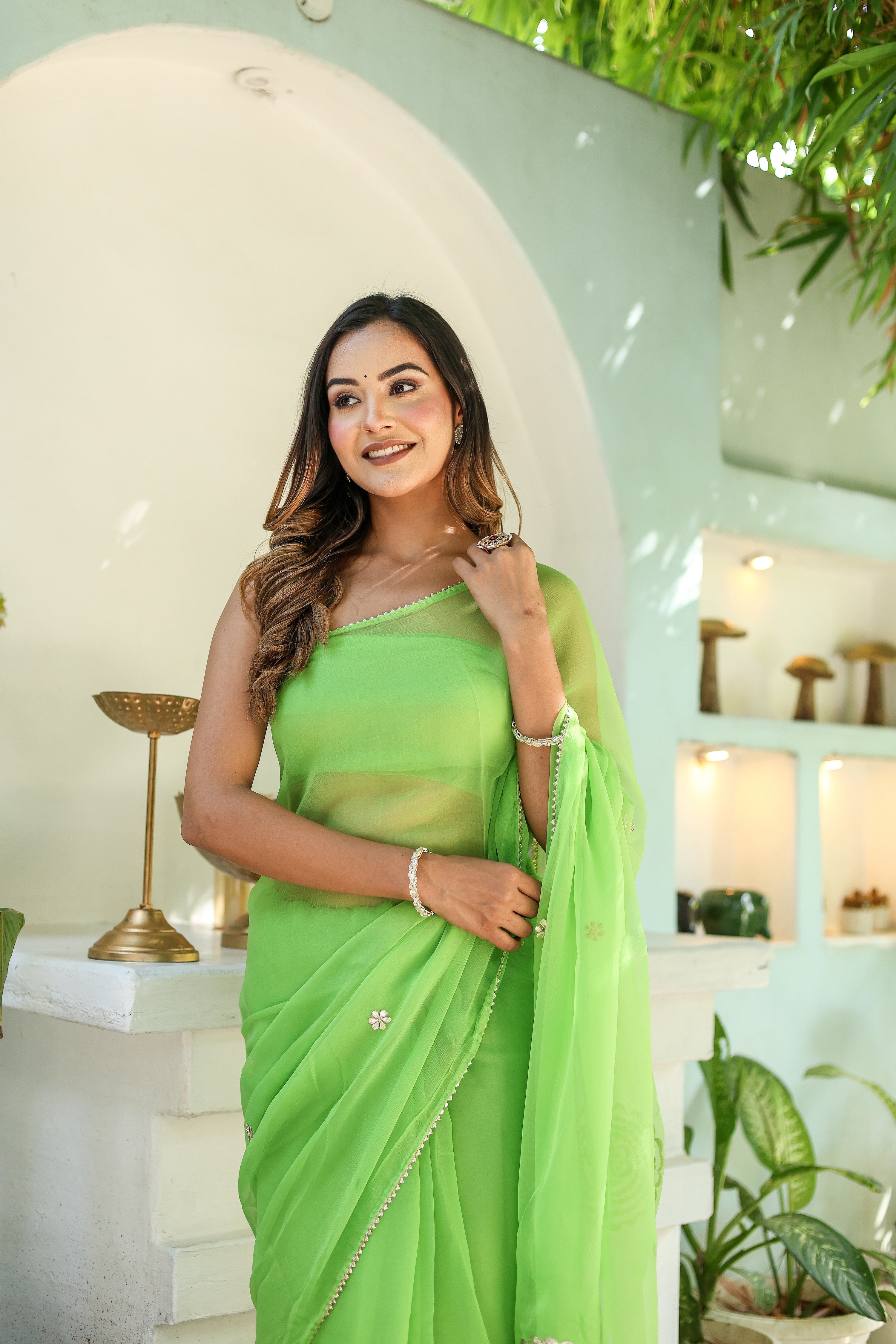 Amber Green (Hand Embroidered Chiffon Green Saree)