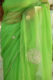 Amber Green (Hand Embroidered Chiffon Green Saree)