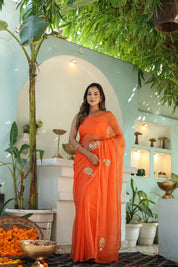 Amber Orange (Hand Embroidered Chiffon Orange Saree)