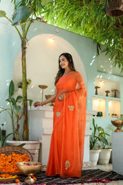 Amber Orange (Hand Embroidered Chiffon Orange Saree)