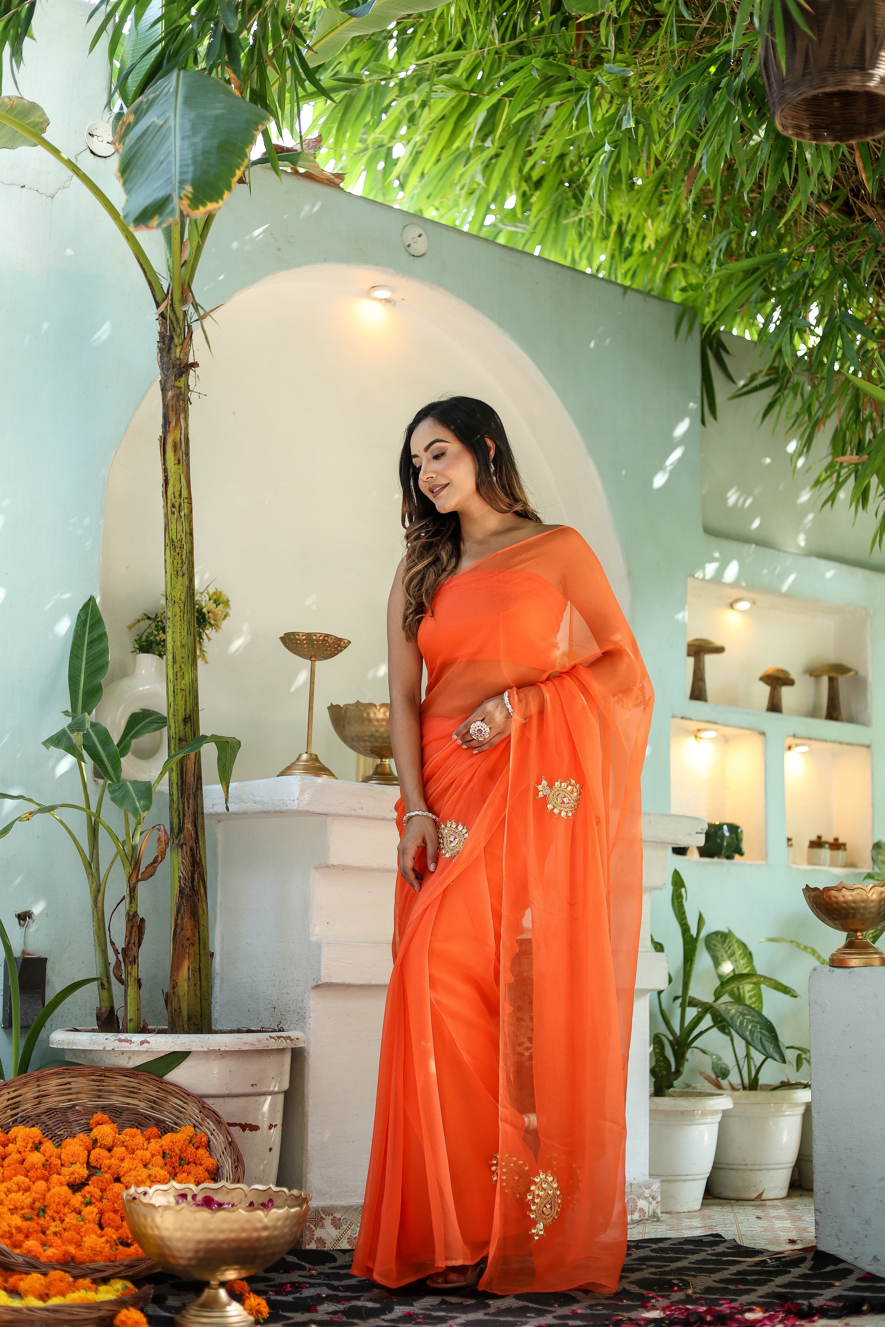 Amber Orange (Hand Embroidered Chiffon Orange Saree)