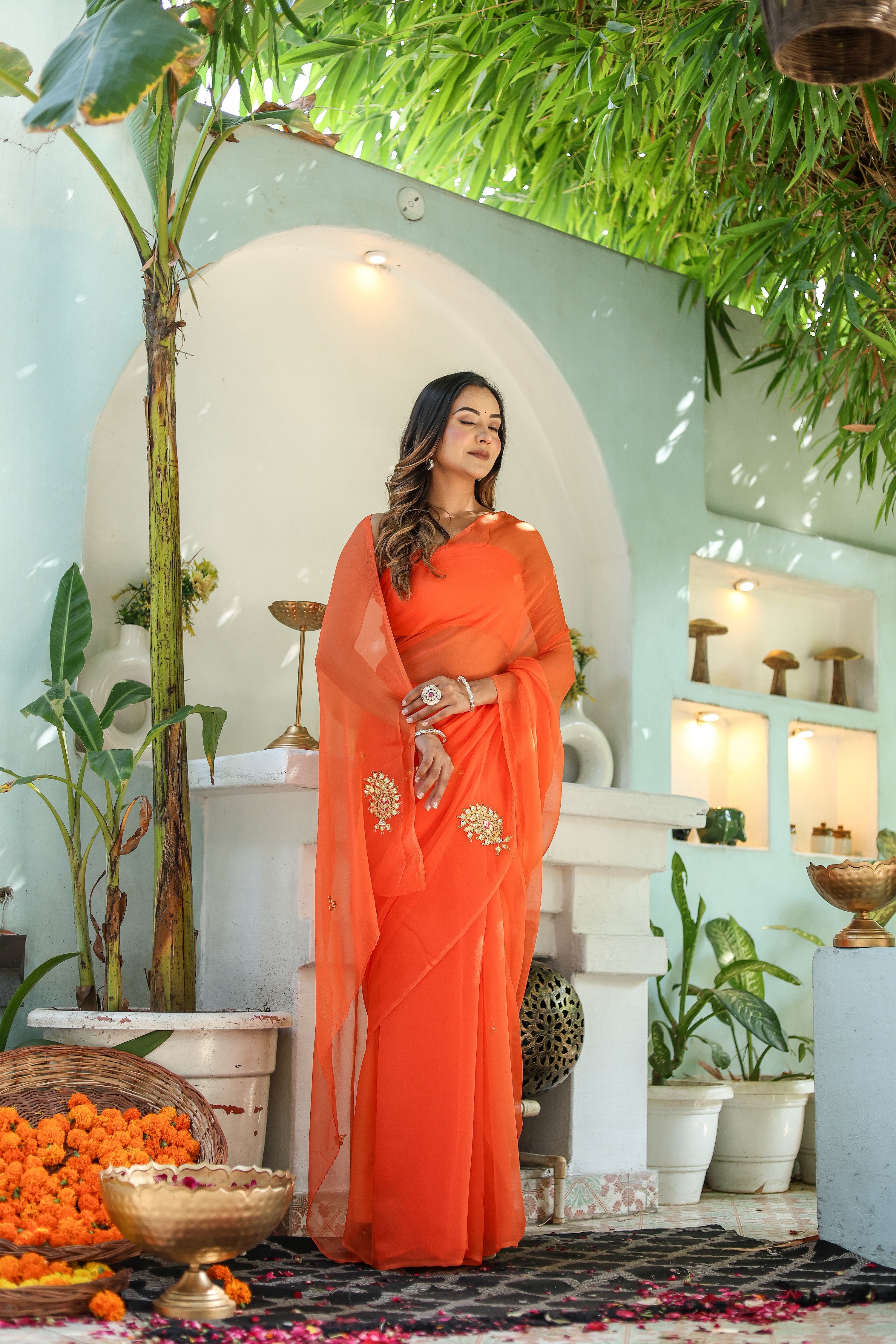 Amber Orange (Hand Embroidered Chiffon Orange Saree)