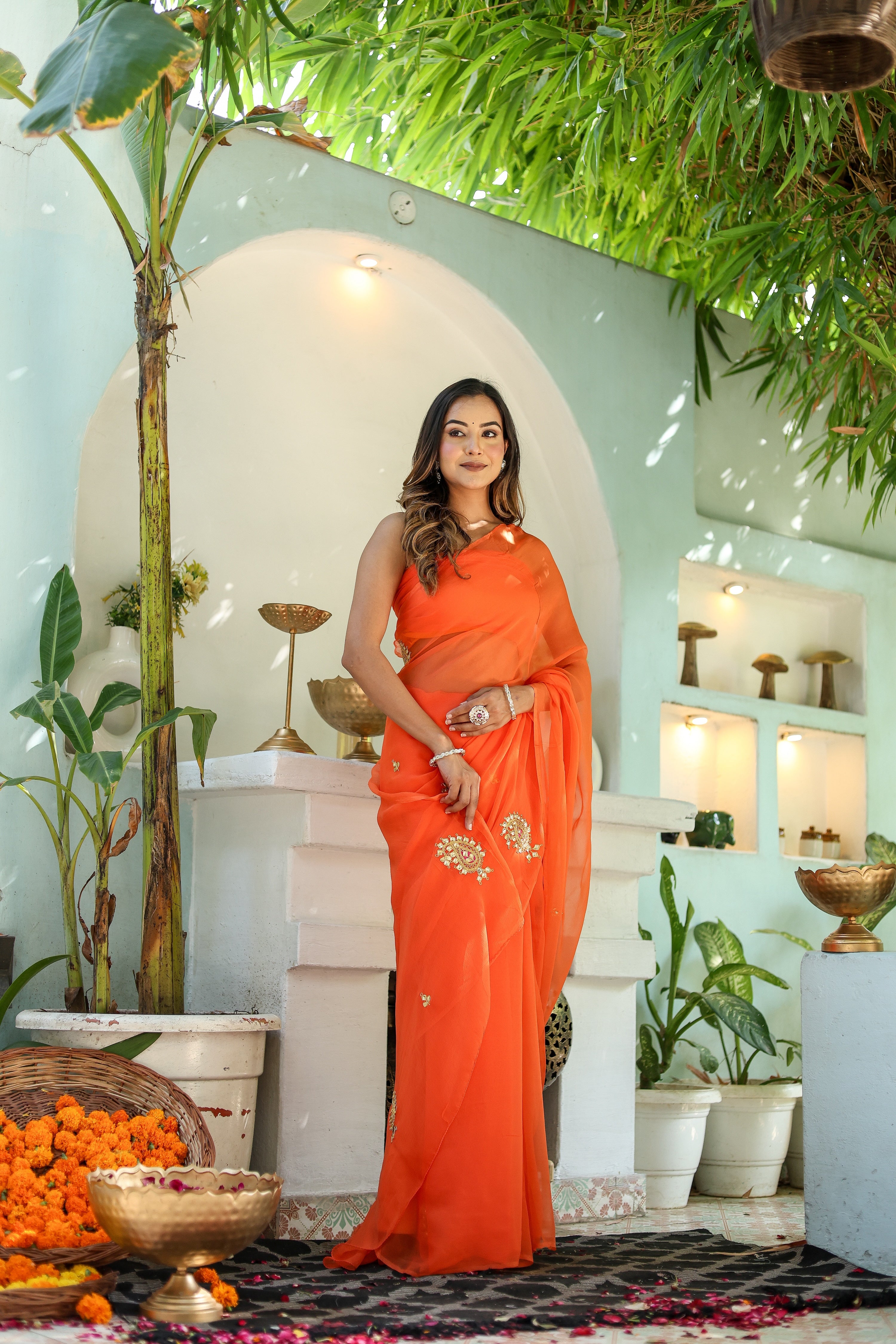 Amber Orange (Hand Embroidered Chiffon Orange Saree)