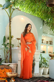 Amber Orange (Hand Embroidered Chiffon Orange Saree)