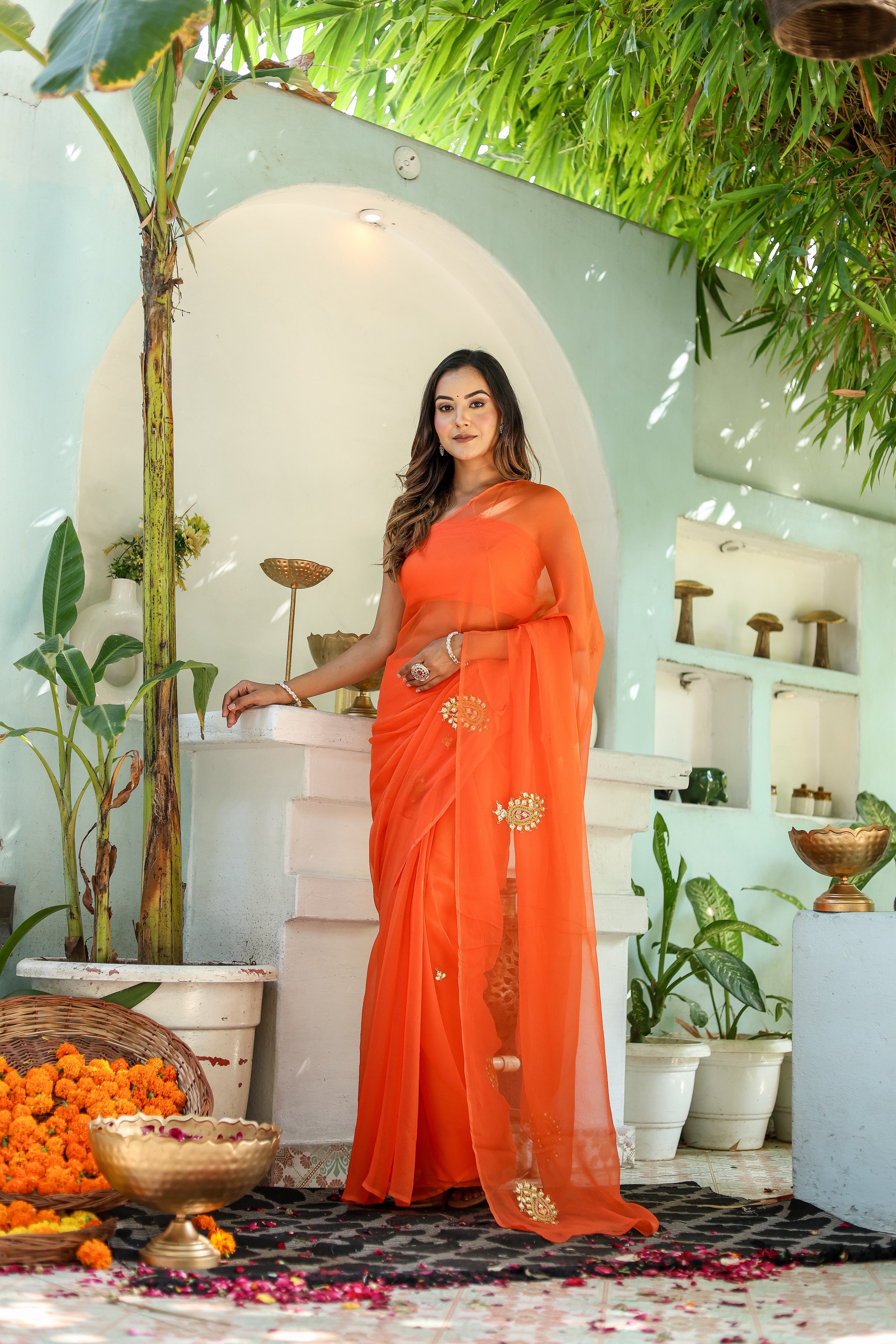 Amber Orange (Hand Embroidered Chiffon Orange Saree)