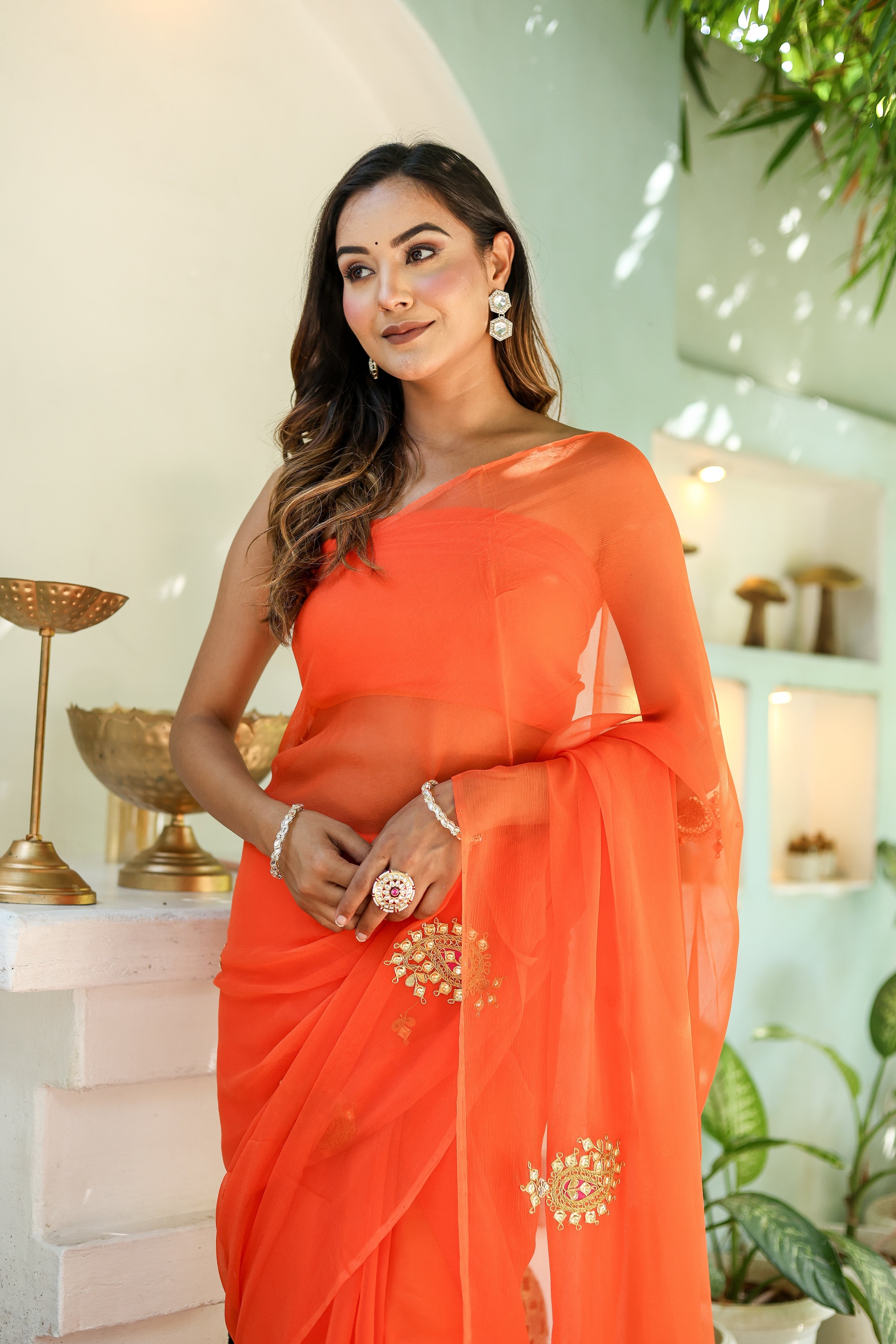 Amber Orange (Hand Embroidered Chiffon Orange Saree)