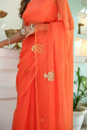 Amber Orange (Hand Embroidered Chiffon Orange Saree)