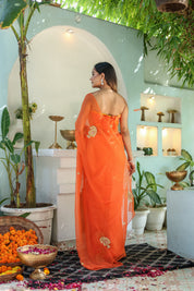 Amber Orange (Hand Embroidered Chiffon Orange Saree)