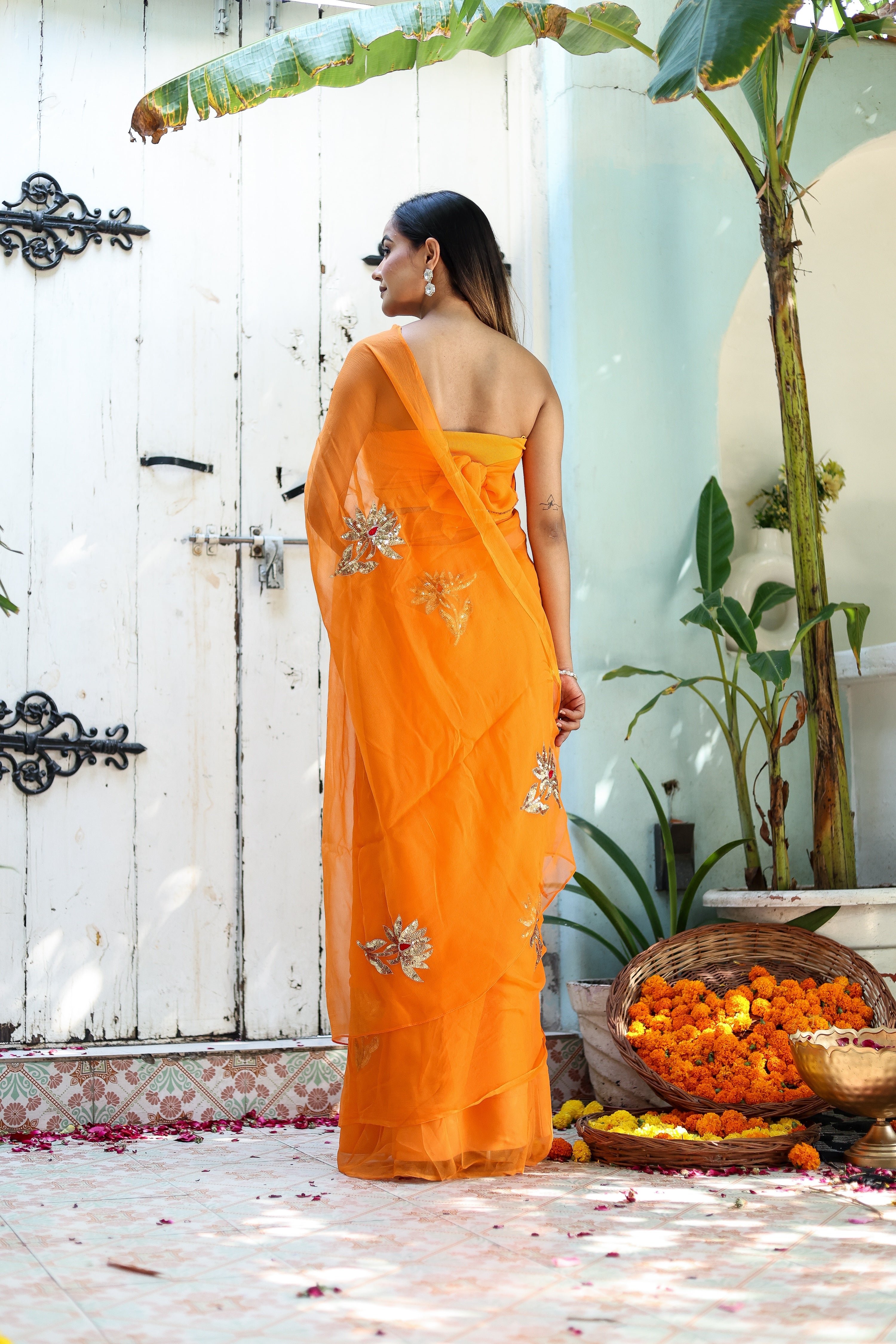 Artful Wrap (Hand Embroidered Chiffon Orange Saree)