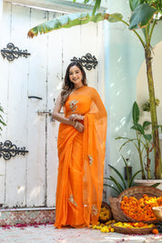 Artful Wrap (Hand Embroidered Chiffon Orange Saree)