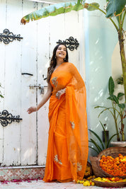 Artful Wrap (Hand Embroidered Chiffon Orange Saree)