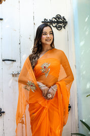 Artful Wrap (Hand Embroidered Chiffon Orange Saree)