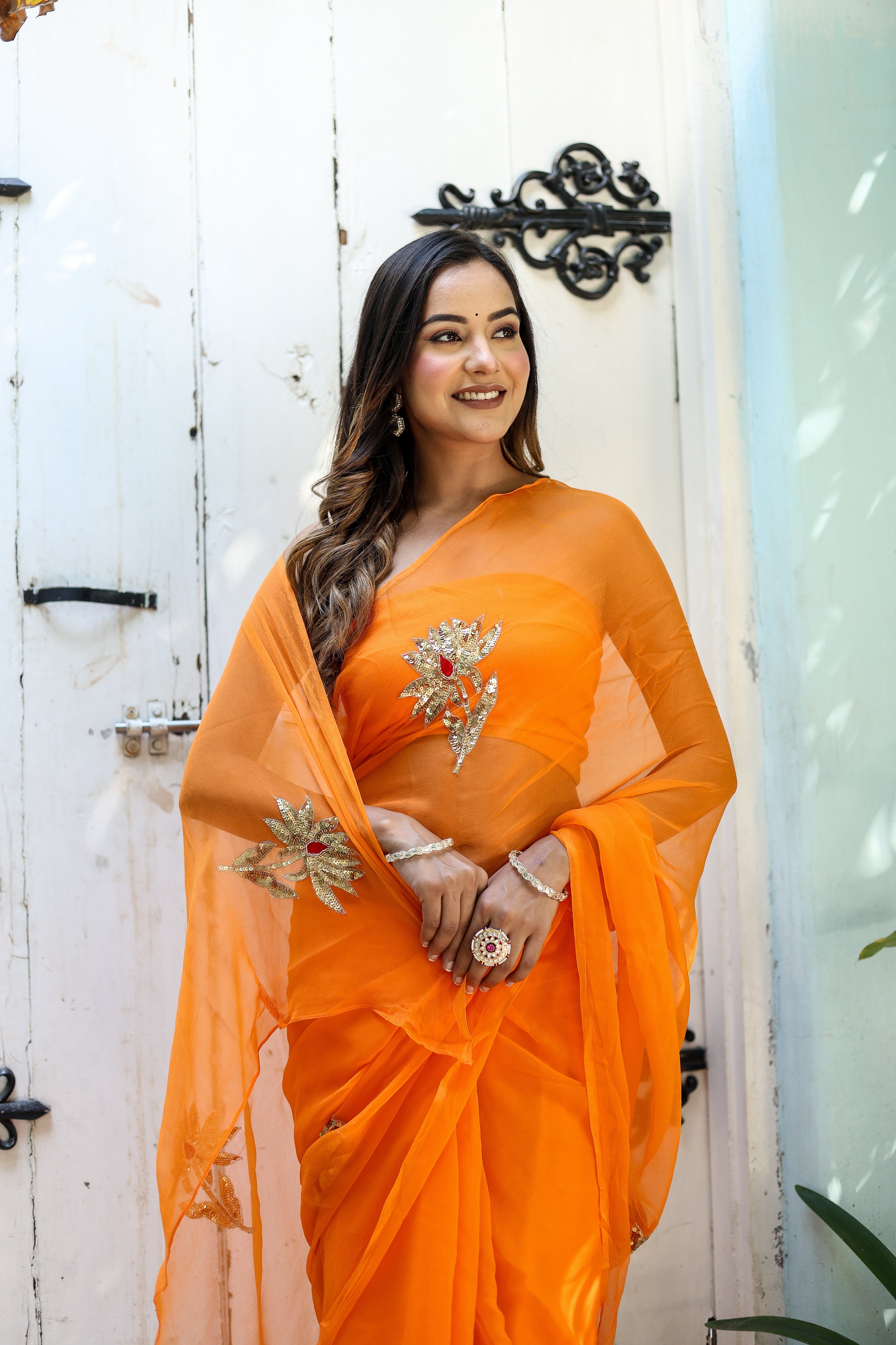 Artful Wrap (Hand Embroidered Chiffon Orange Saree)