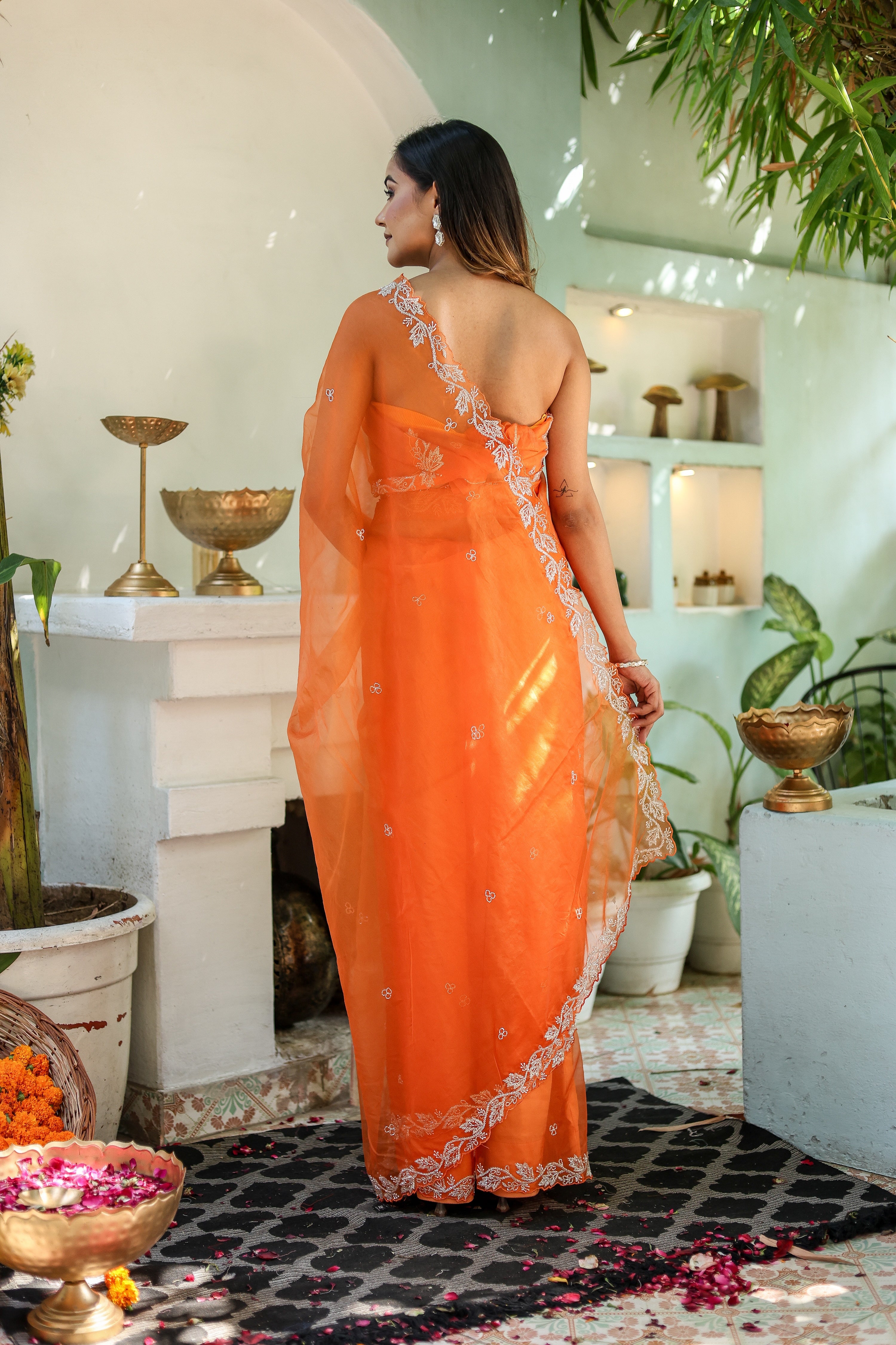 Dreamy Veil (Hand Embroidered Organza Orange Saree)