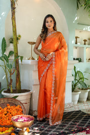 Dreamy Veil (Hand Embroidered Organza Orange Saree)