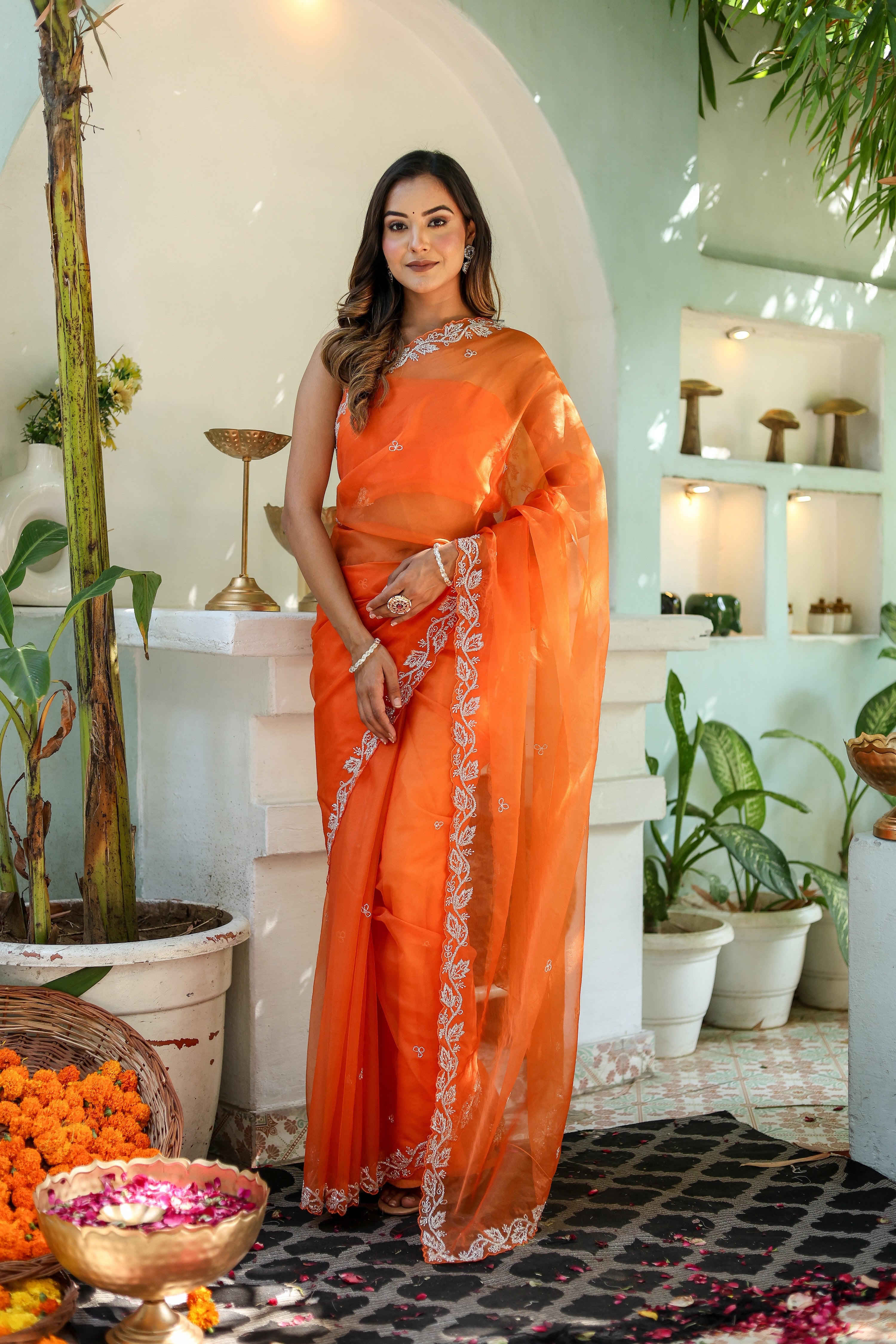 Dreamy Veil (Hand Embroidered Organza Orange Saree)