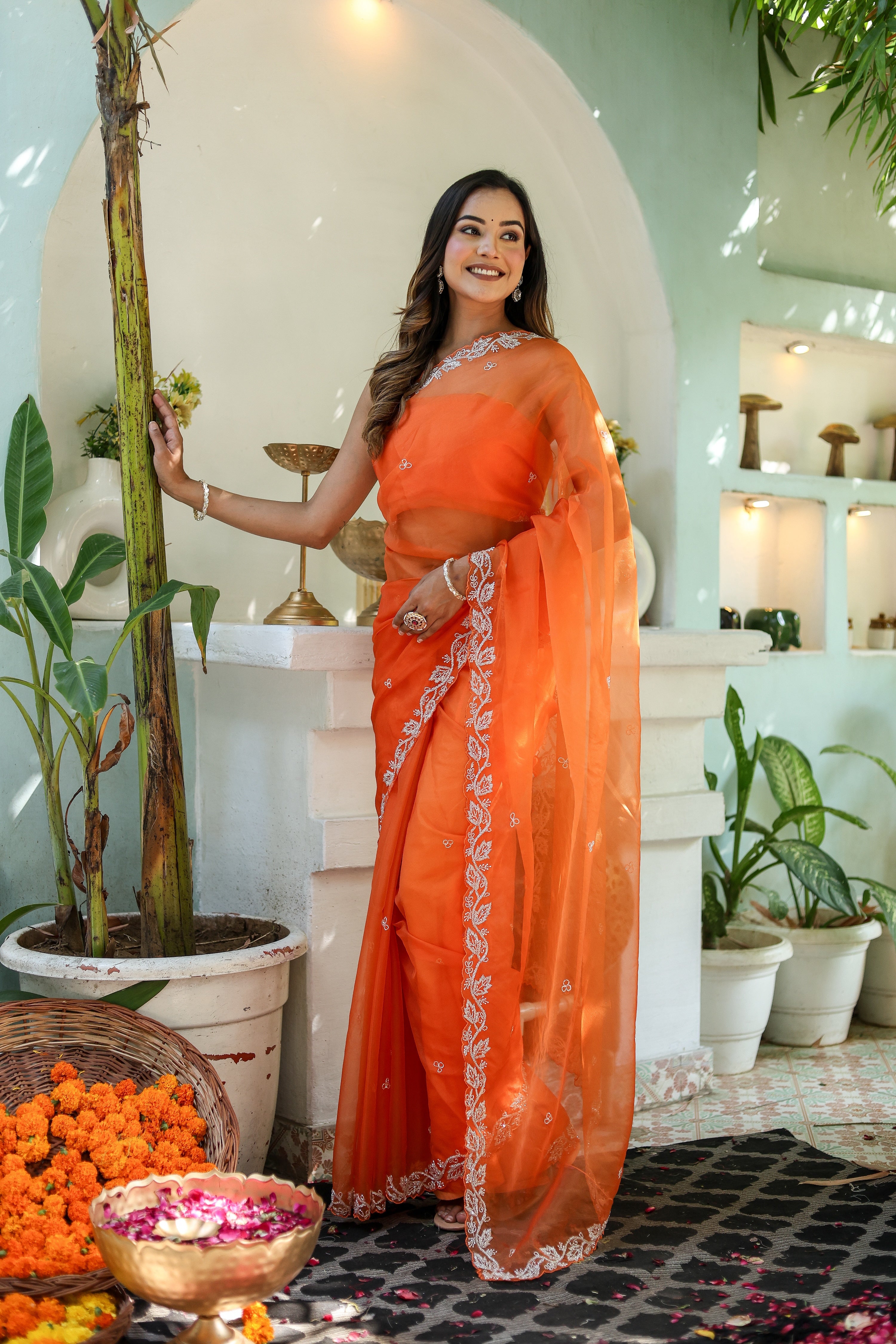 Dreamy Veil (Hand Embroidered Organza Orange Saree)