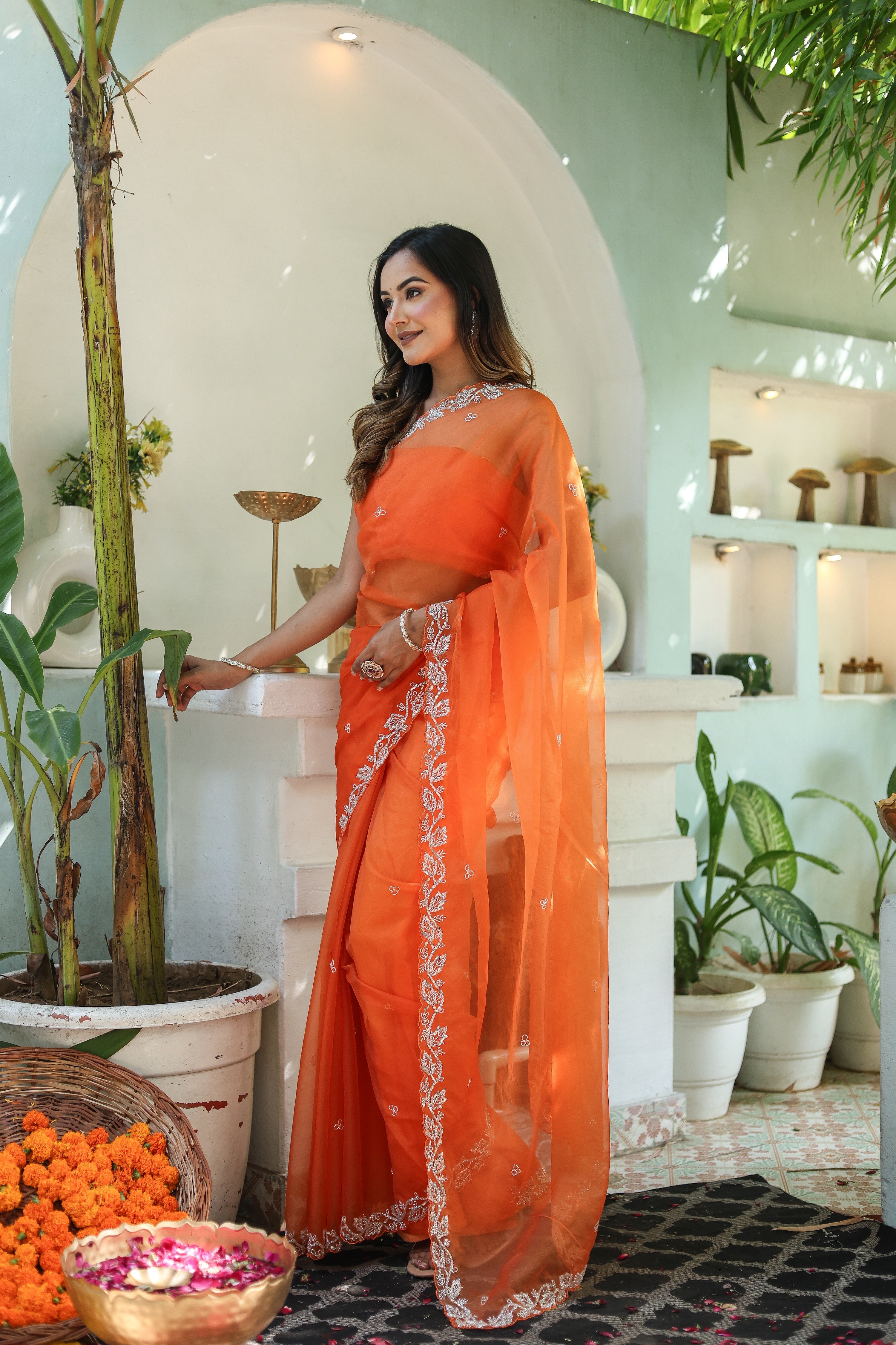 Dreamy Veil (Hand Embroidered Organza Orange Saree)