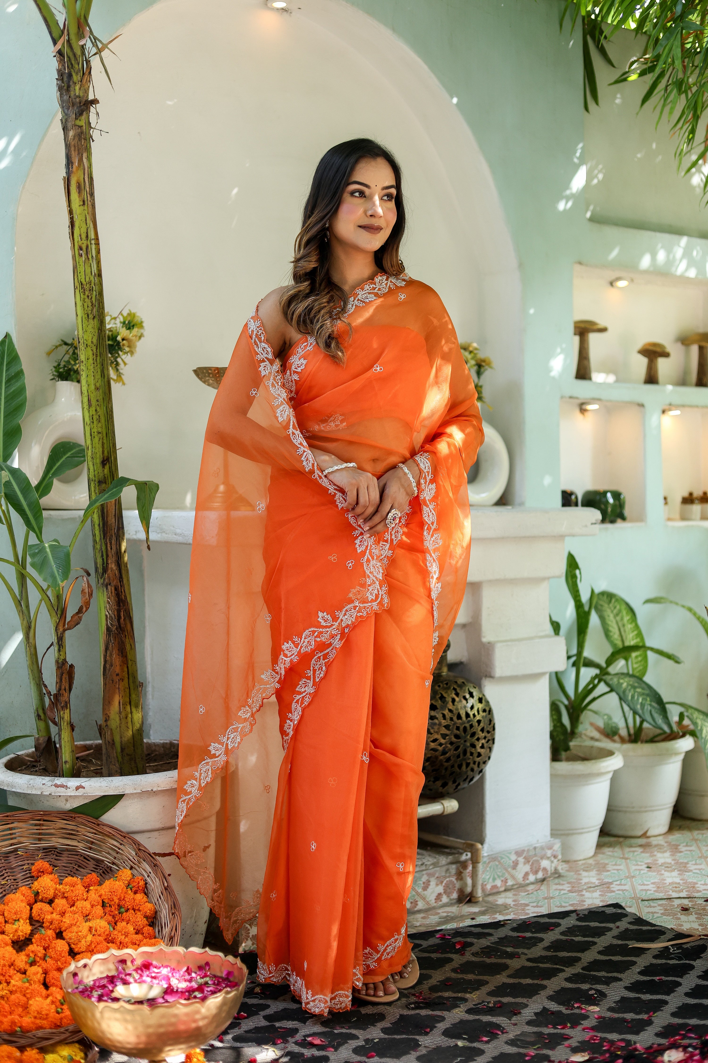 Dreamy Veil (Hand Embroidered Organza Orange Saree)