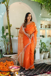 Dreamy Veil (Hand Embroidered Organza Orange Saree)