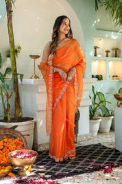 Dreamy Veil (Hand Embroidered Organza Orange Saree)