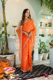 Dreamy Veil (Hand Embroidered Organza Orange Saree)