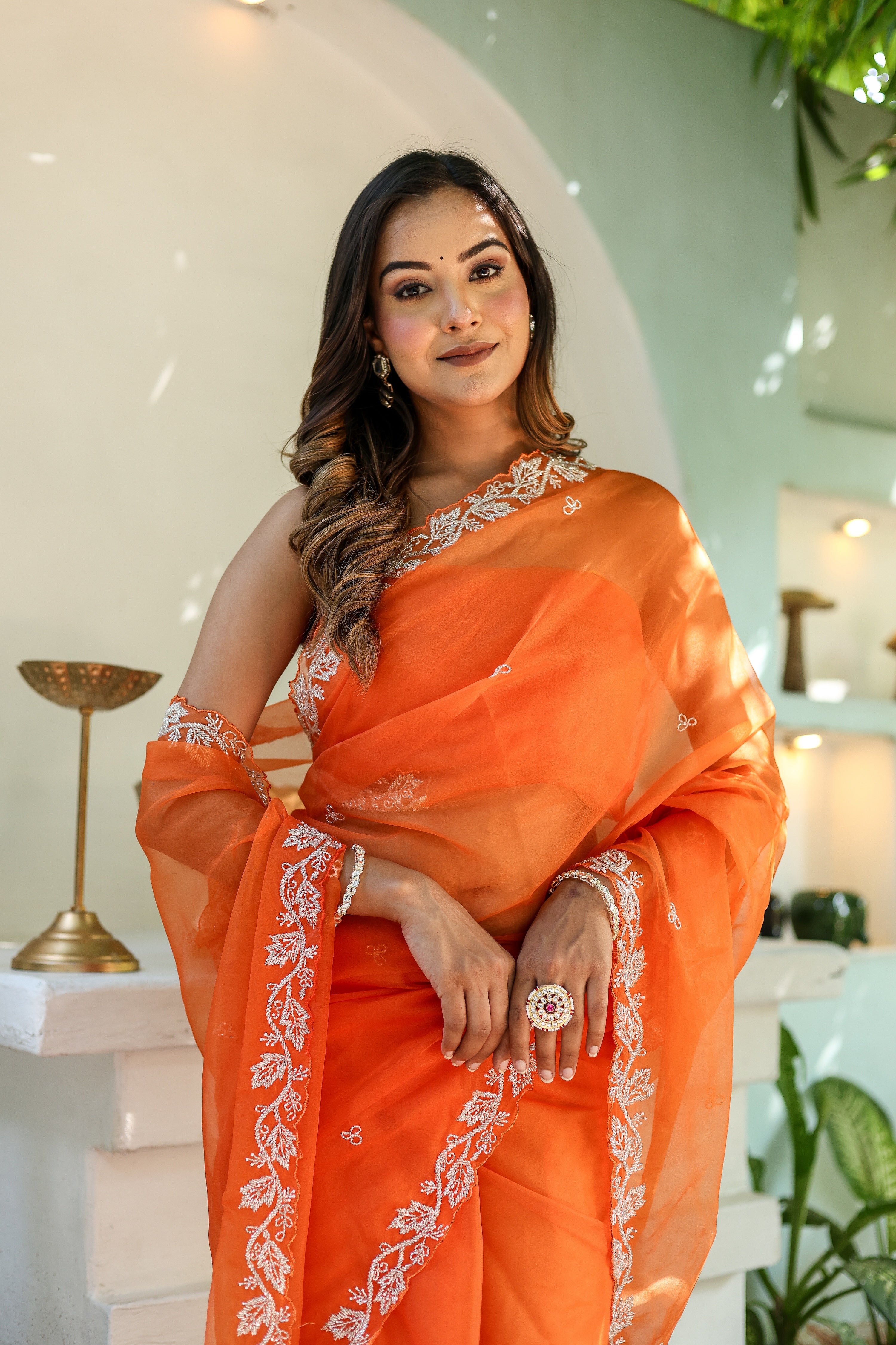 Dreamy Veil (Hand Embroidered Organza Orange Saree)