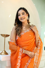 Dreamy Veil (Hand Embroidered Organza Orange Saree)