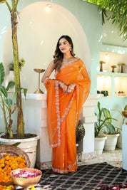 Dreamy Veil (Hand Embroidered Organza Orange Saree)