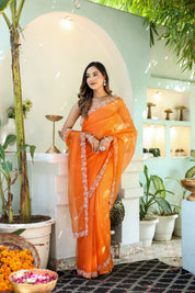 Dreamy Veil (Hand Embroidered Organza Orange Saree)