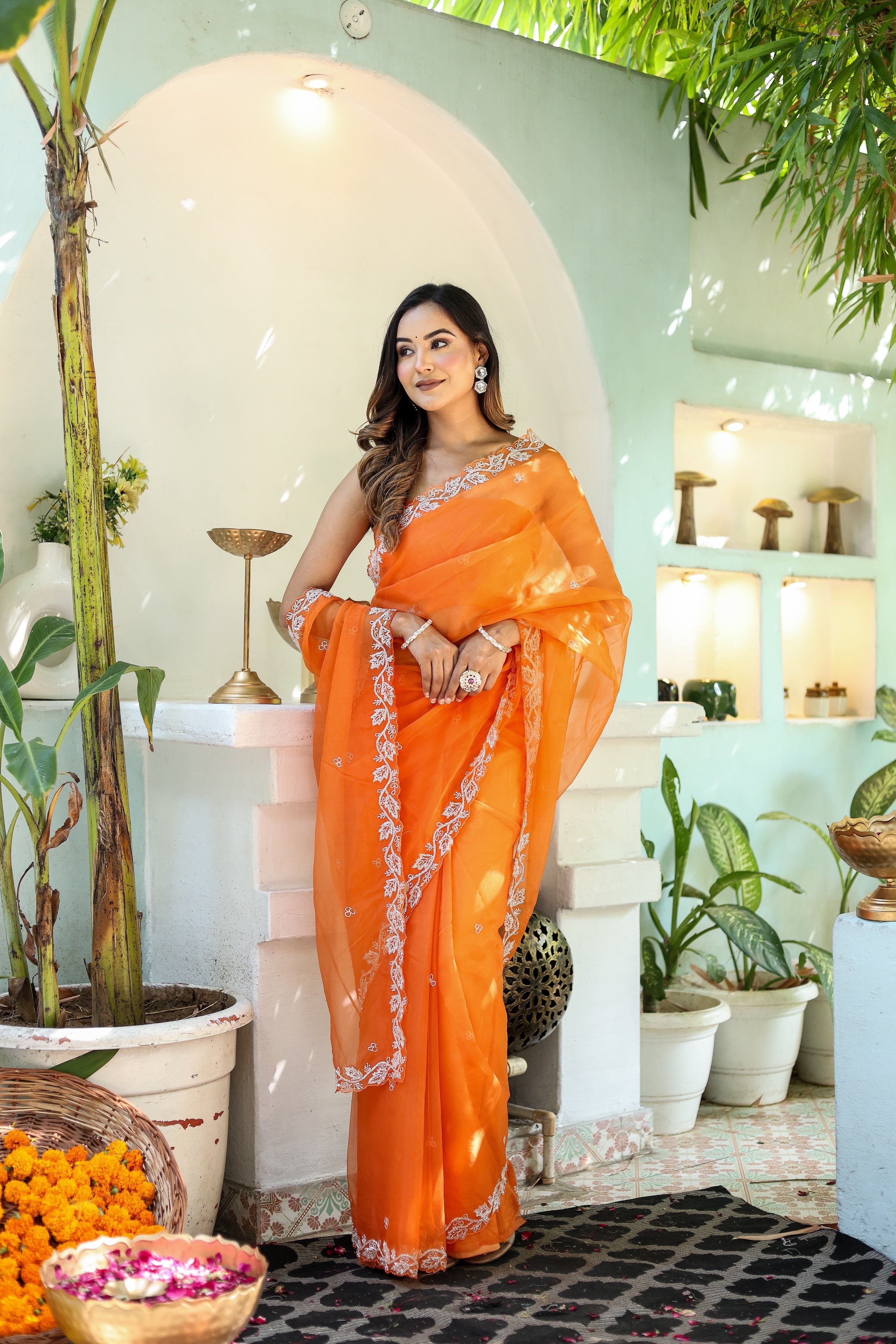 Dreamy Veil (Hand Embroidered Organza Orange Saree)