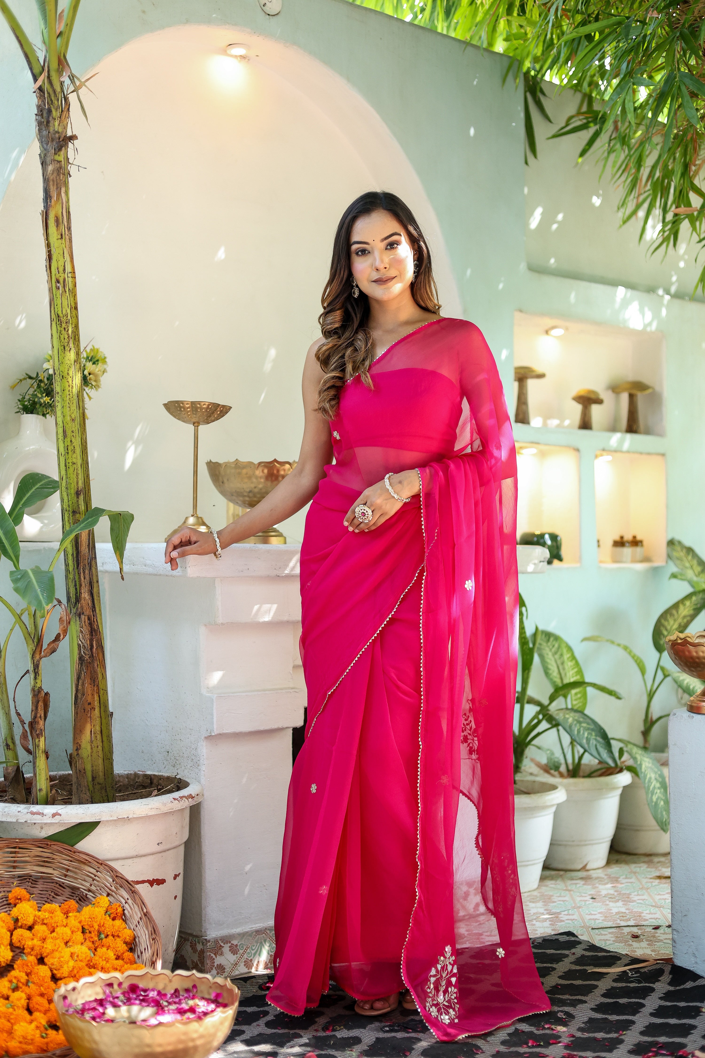 Rani Grace (Hand Embroidered Chiffon Rani Pink Saree)